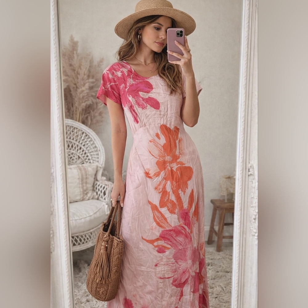 Anthropologie Short Sleeve Maxi Dress Slip Dress In Floral‎ Print